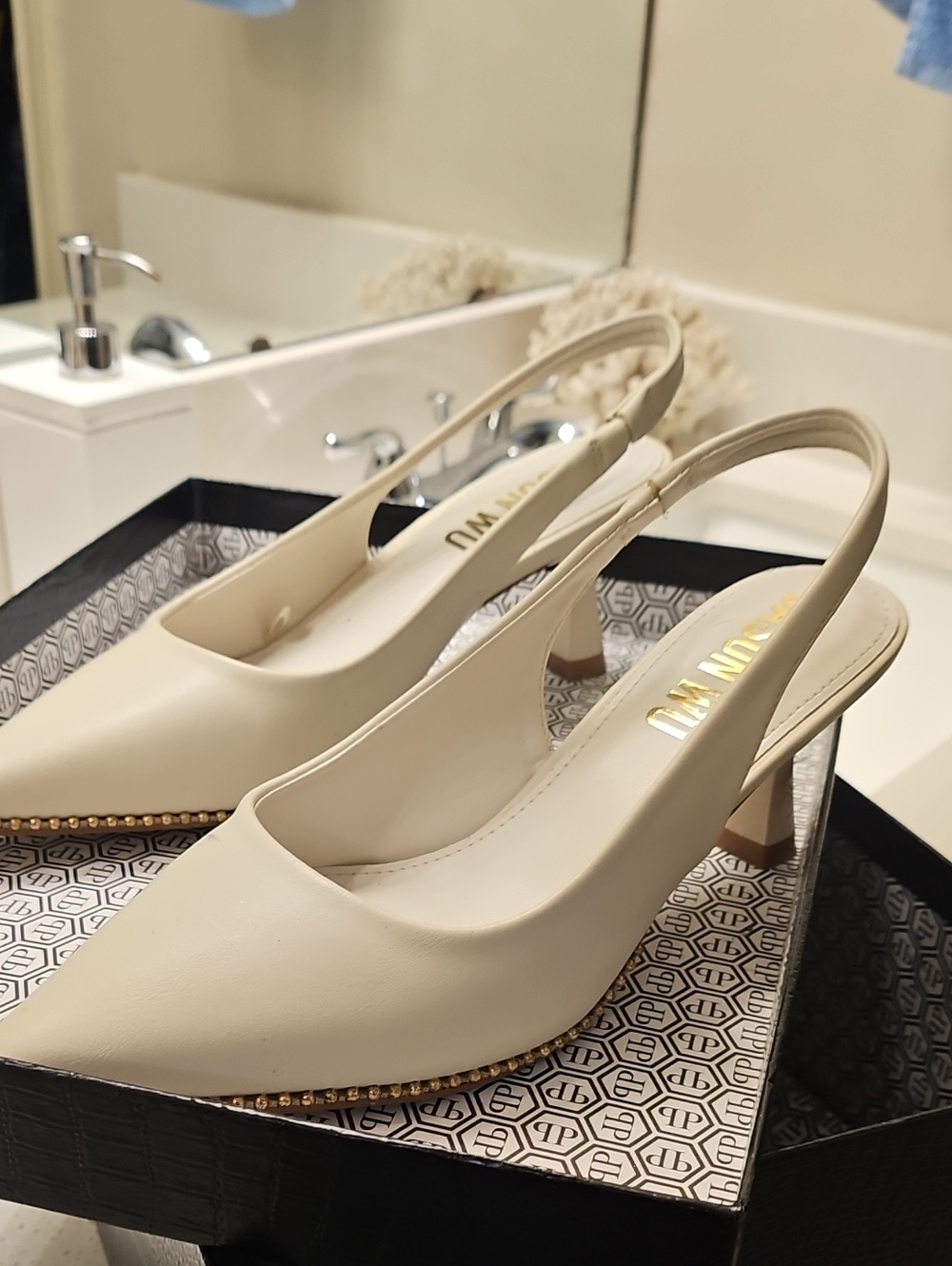 Jason Wu Cream Pointed-Toe Slingback Pumps with Gold Stud Trim